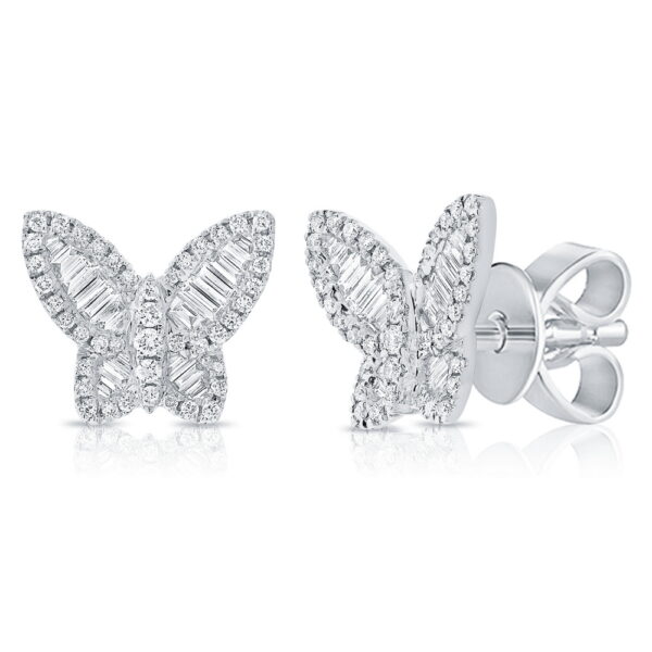 14K White Gold Butterfly Studs with .71ctw Baguette & Round Diamonds Earrings 3