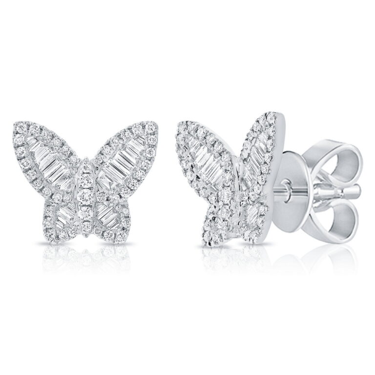 14K White Gold Butterfly Studs with .71ctw Baguette & Round Diamonds Earrings 2