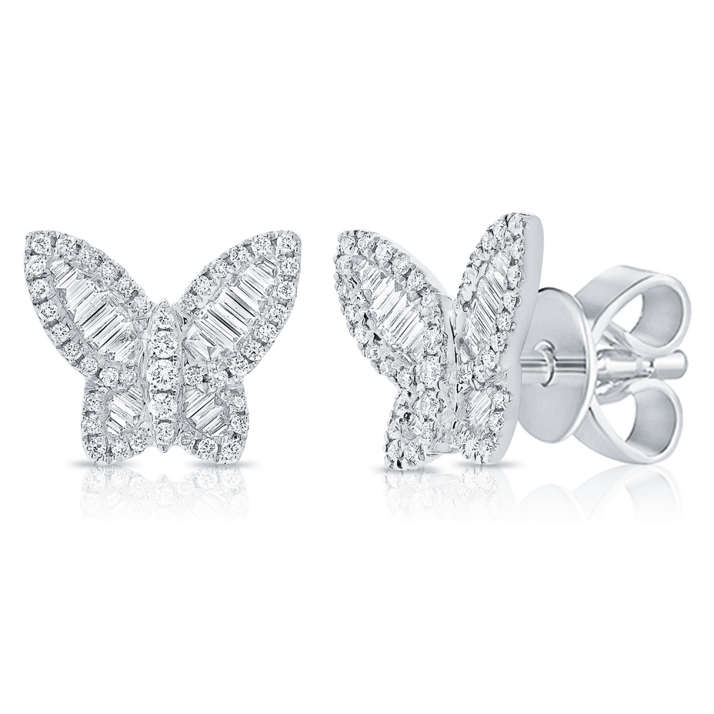 14K White Gold Butterfly Studs with .71ctw Baguette & Round Diamonds Earrings