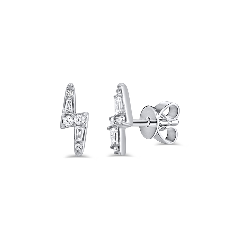 14K White Gold Lightning Bolt Studs with .13ctw Baguette & Round Diamonds Earrings