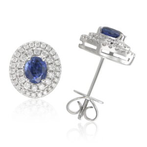 14K White Gold Double Halo Studs with .61ctw Oval Sapphires & .37ctw Diamonds