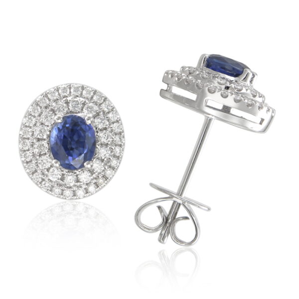 14K White Gold Double Halo Studs with .61ctw Oval Sapphires & .37ctw Diamonds Earrings 3
