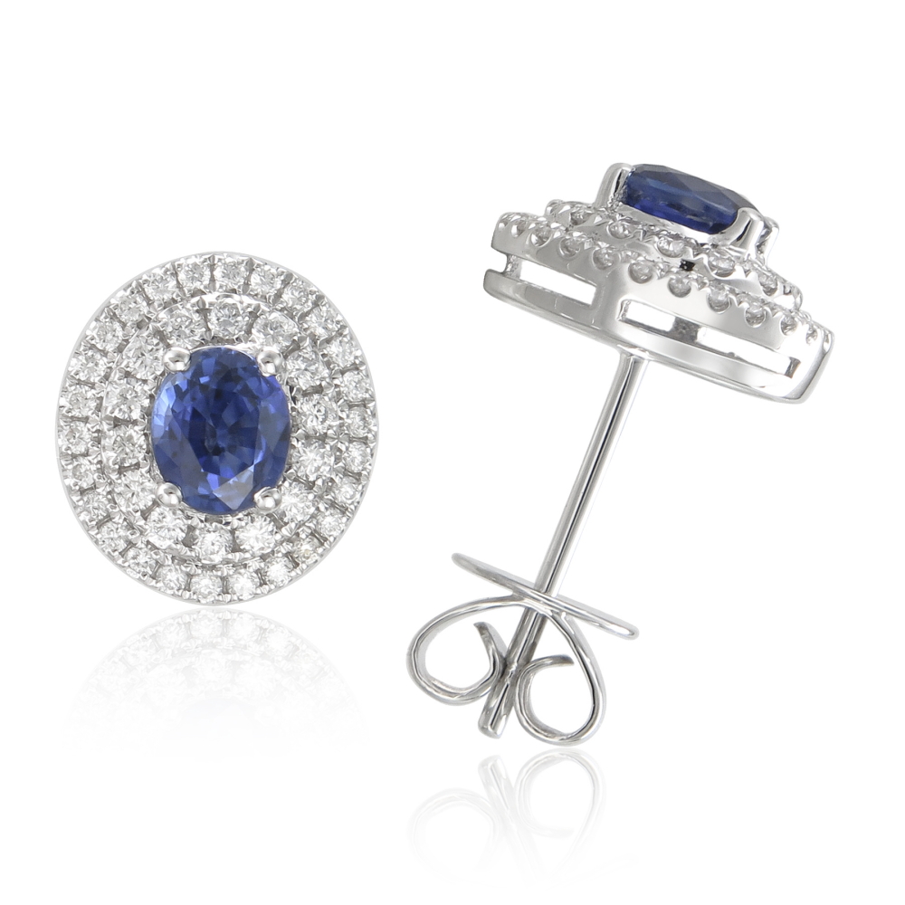 14K White Gold Double Halo Studs with .61ctw Oval Sapphires & .37ctw Diamonds Earrings