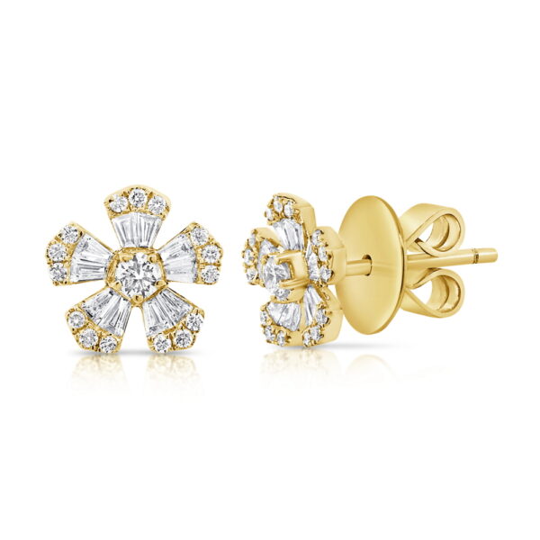 14K Yellow Gold Flower Studs with .54ctw Baguette & Round Diamonds Earrings 3