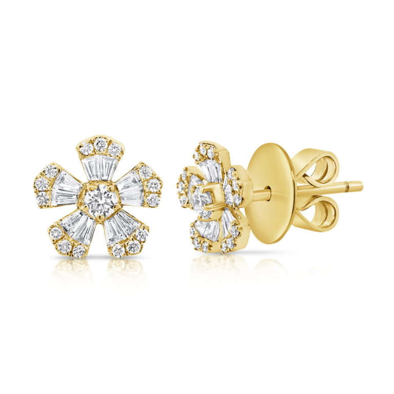 14K Yellow Gold Flower Studs with .54ctw Baguette & Round Diamonds Earrings 2