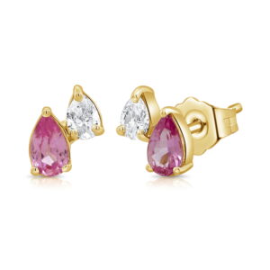 14K Yellow Gold Toi et Moi Studs with .56ctw Pear Pink Sapphires & .20ctw Pear Diamonds