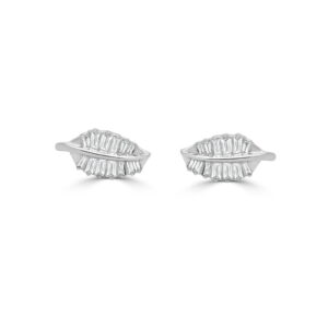 14K White Gold Leaf Studs with .22ctw Baguette Diamonds