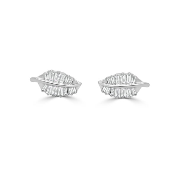 14K White Gold Leaf Studs with .22ctw Baguette Diamonds Earrings 3