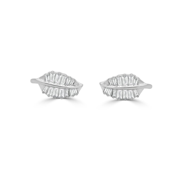 14K White Gold Leaf Studs with .22ctw Baguette Diamonds Earrings 2