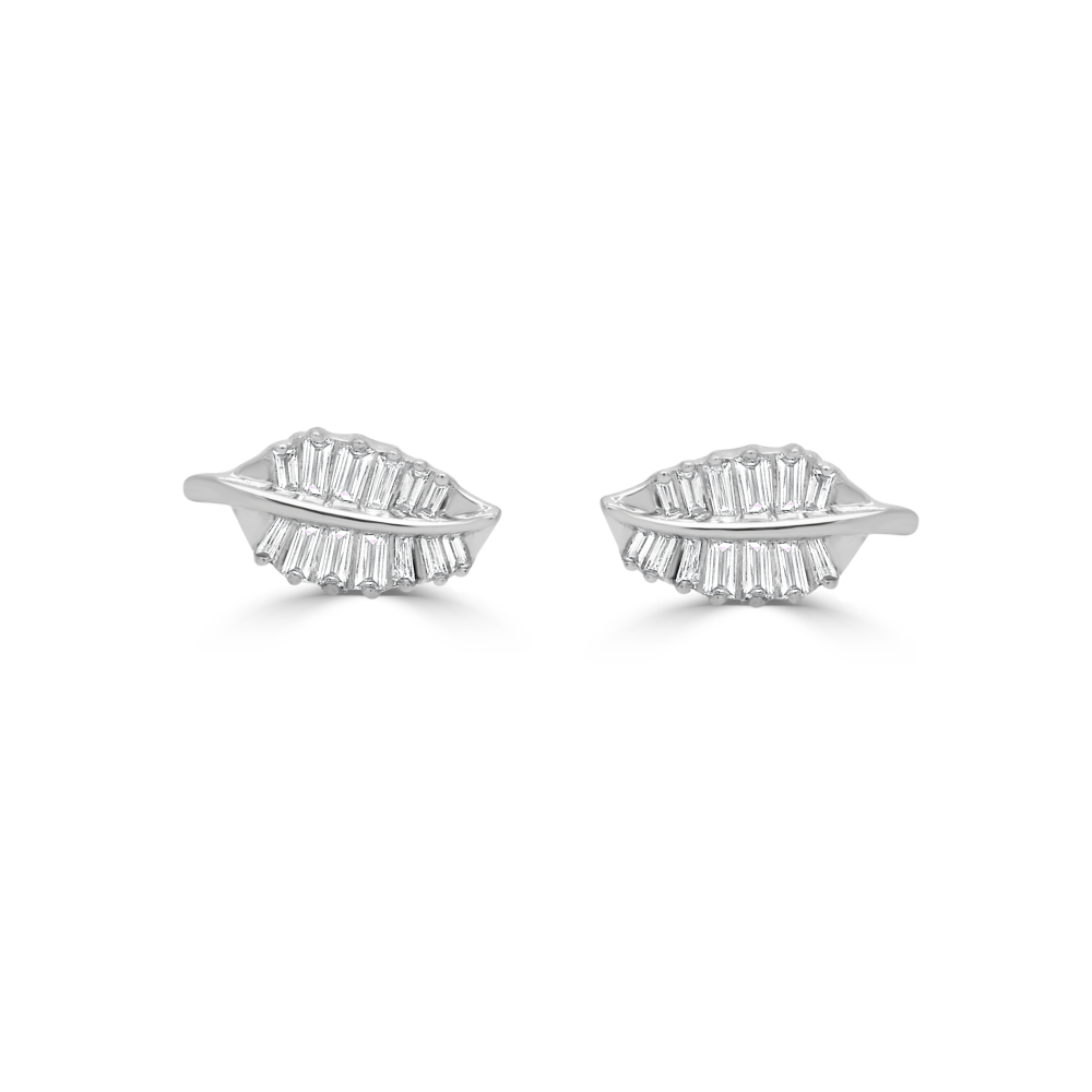 14K White Gold Leaf Studs with .22ctw Baguette Diamonds Earrings
