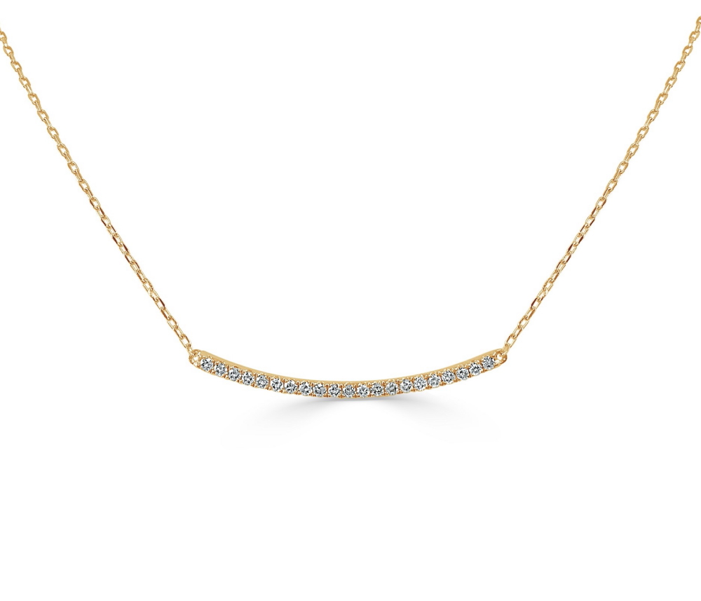14K Yellow Gold Curved Bar Necklace with .27ctw Diamonds 18″ Fine Jewelry