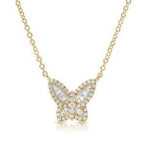 14K Yellow Gold Butterfly Necklace with .22ctw Baguette & Round Diamonds 18