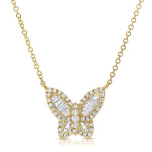 14K Yellow Gold Butterfly Necklace with .41ctw Baguette & Round Diamonds 16-18