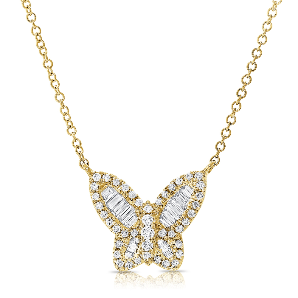14K Yellow Gold Butterfly Necklace with .41ctw Baguette & Round Diamonds 16-18″ Fine Jewelry