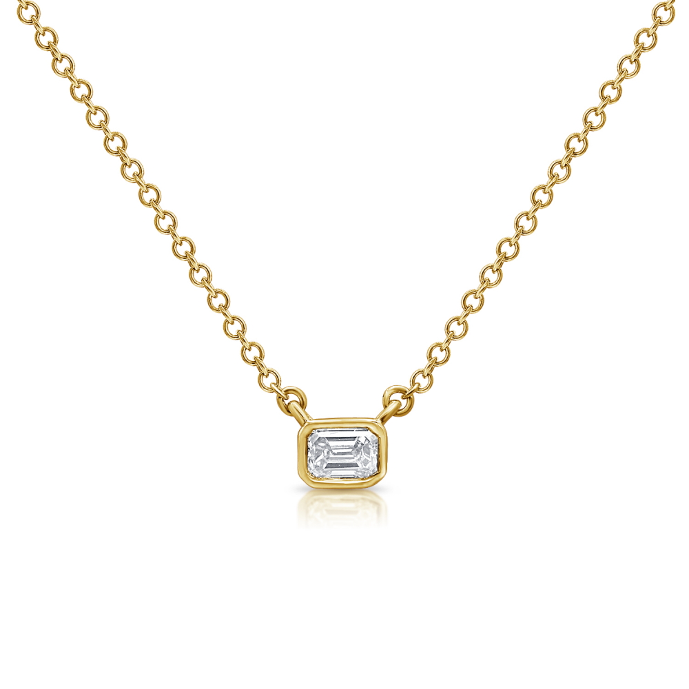 14K Yellow Gold Bezel Solitaire Pendant with .21ct Baguette Diamond 16-18″ Fine Jewelry