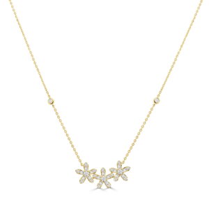 14K Yellow Gold Triple Flower Necklace with .36ctw Baguette & Round Diamonds 16-18