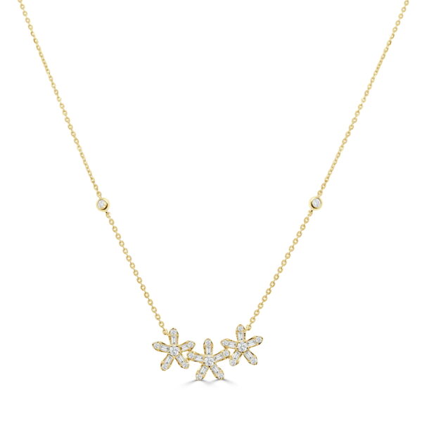 14K Yellow Gold Triple Flower Necklace with .36ctw Baguette & Round Diamonds 16-18″ Fine Jewelry 3
