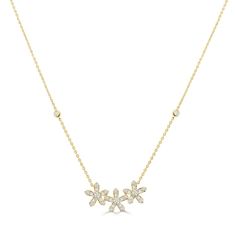 14K Yellow Gold Triple Flower Necklace with .36ctw Baguette & Round Diamonds 16-18″ Fine Jewelry 2