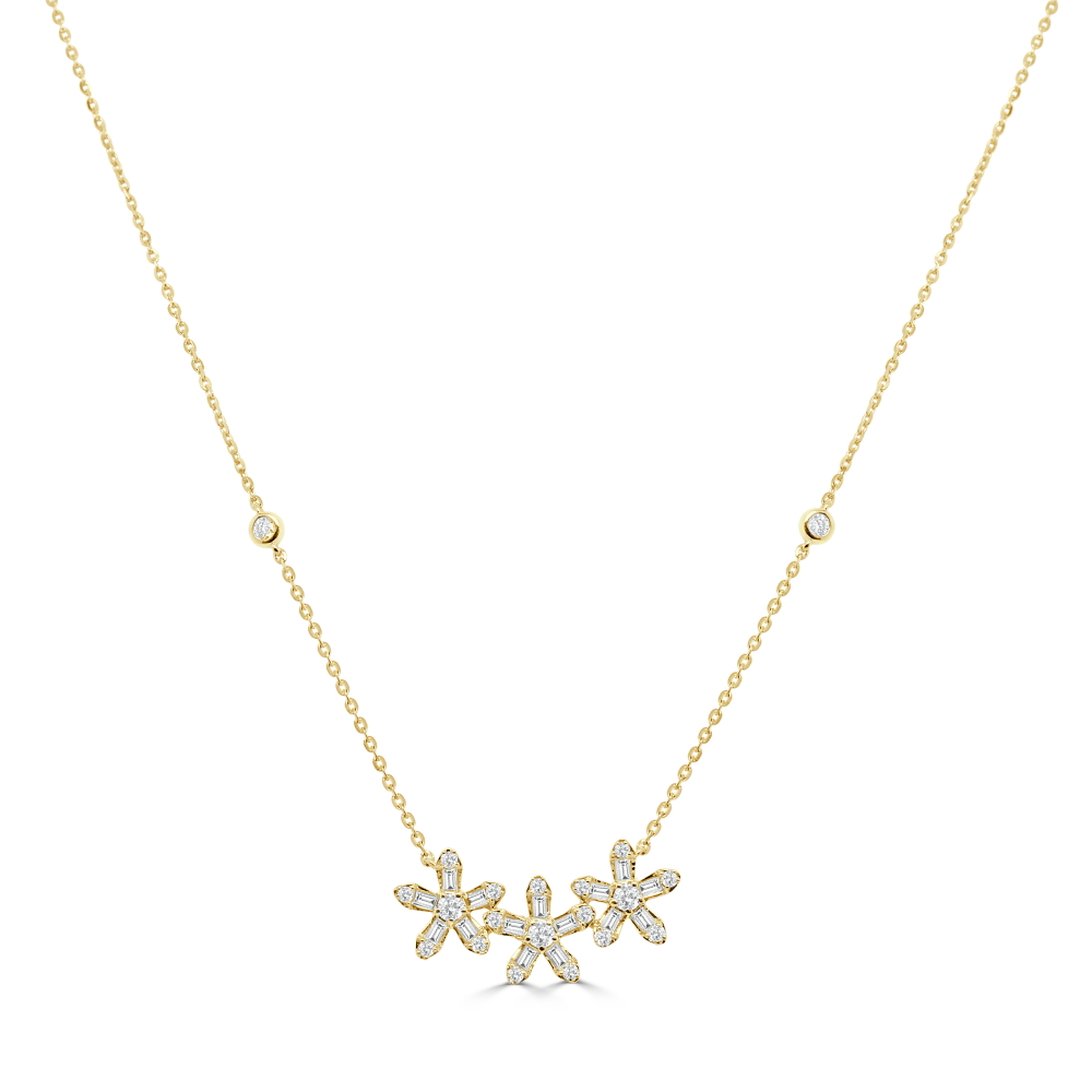 14K Yellow Gold Triple Flower Necklace with .36ctw Baguette & Round Diamonds 16-18″ Fine Jewelry