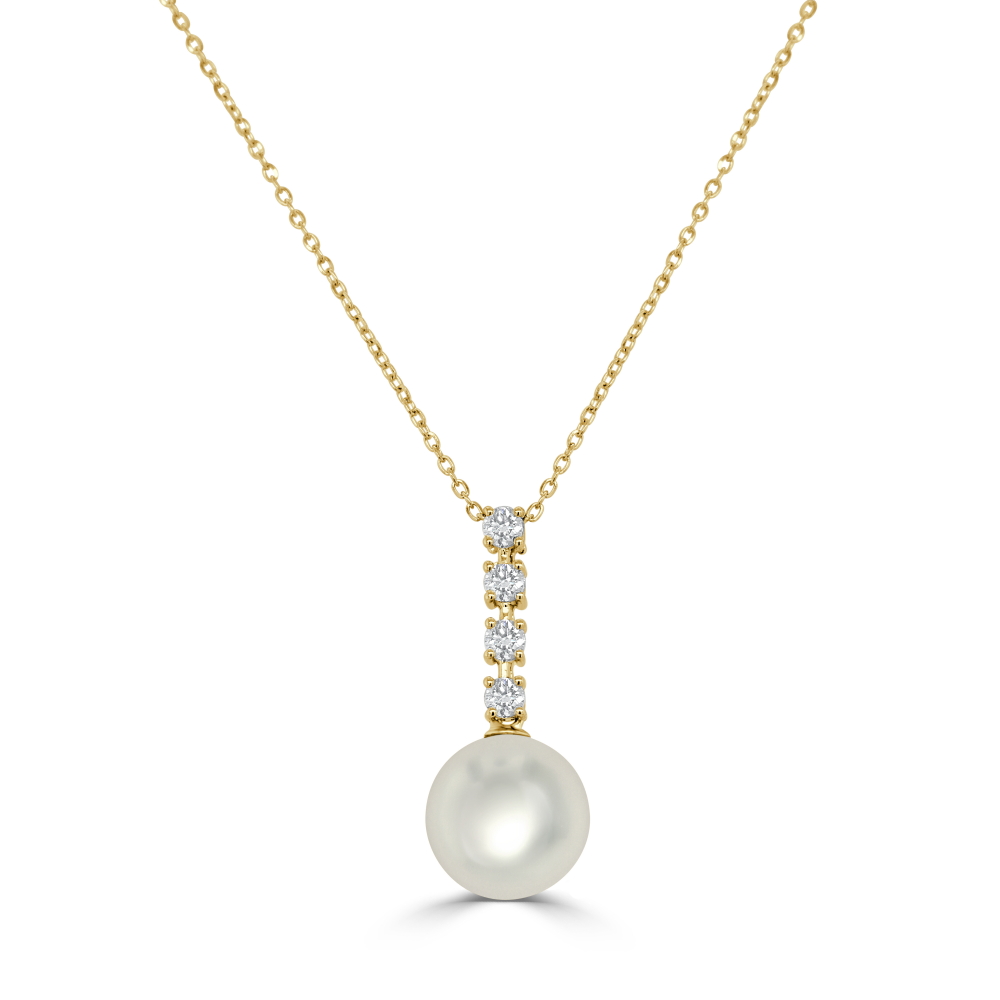 14K Yellow Gold Drop Pendant with 8.09mm Pearl & .26ctw Diamonds 16″ Fine Jewelry