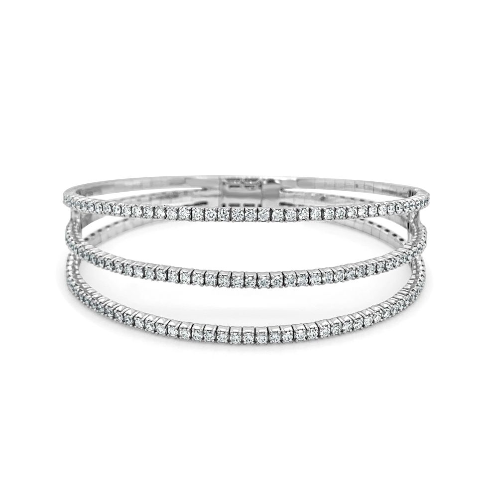 14K White Gold Flexible Three Row Bangle with 2.90ctw Diamonds Size 6.5 Bracelets