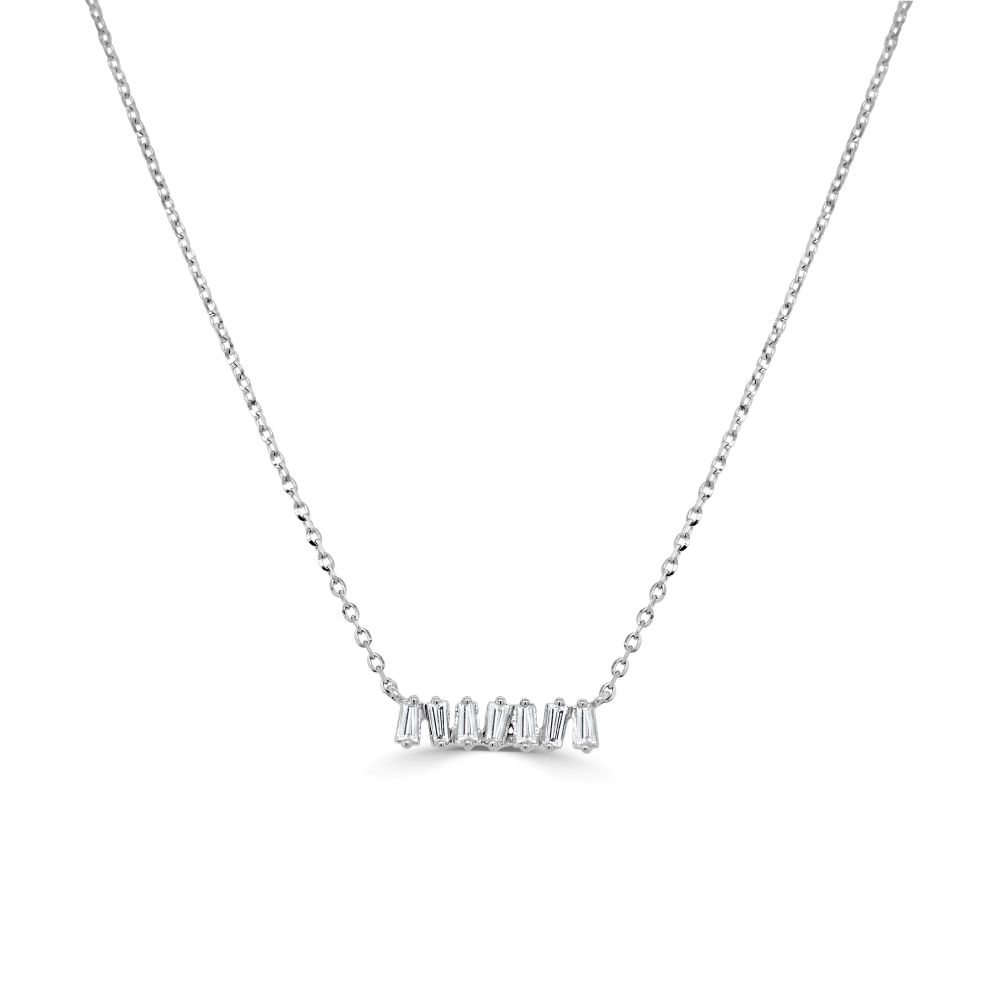 14K White Gold Zig-Zag Bar Necklace with .14ctw Baguette Diamonds 16-18″ Fine Jewelry