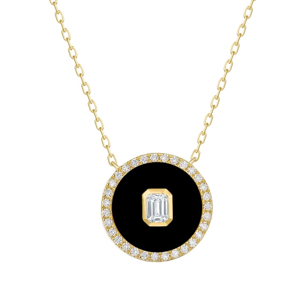 14K Yellow Gold Halo Medallion with 2.29ct Black Onyx & .45ctw Emerald/Round Diamonds 16-18″ Fine Jewelry