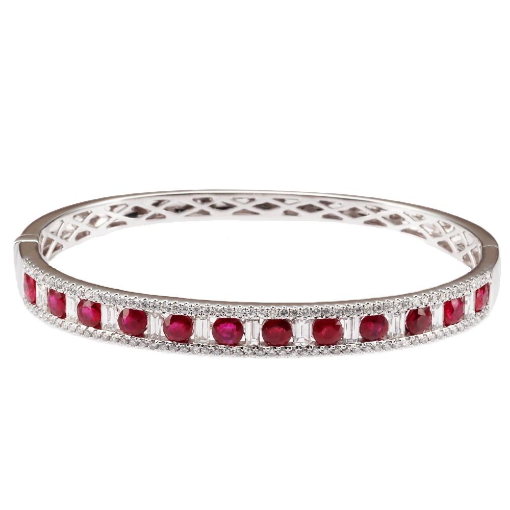 14K White Gold Bangle with 4.00ctw Rubies & 2.50ctw Baguette/Round Diamonds Size 6.5 Bracelets