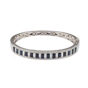 14K White Gold Bangle with 5.50ctw Emerald Cut Blue Sapphires & 4.00ctw Baguette/Round Diamonds Size 6.5