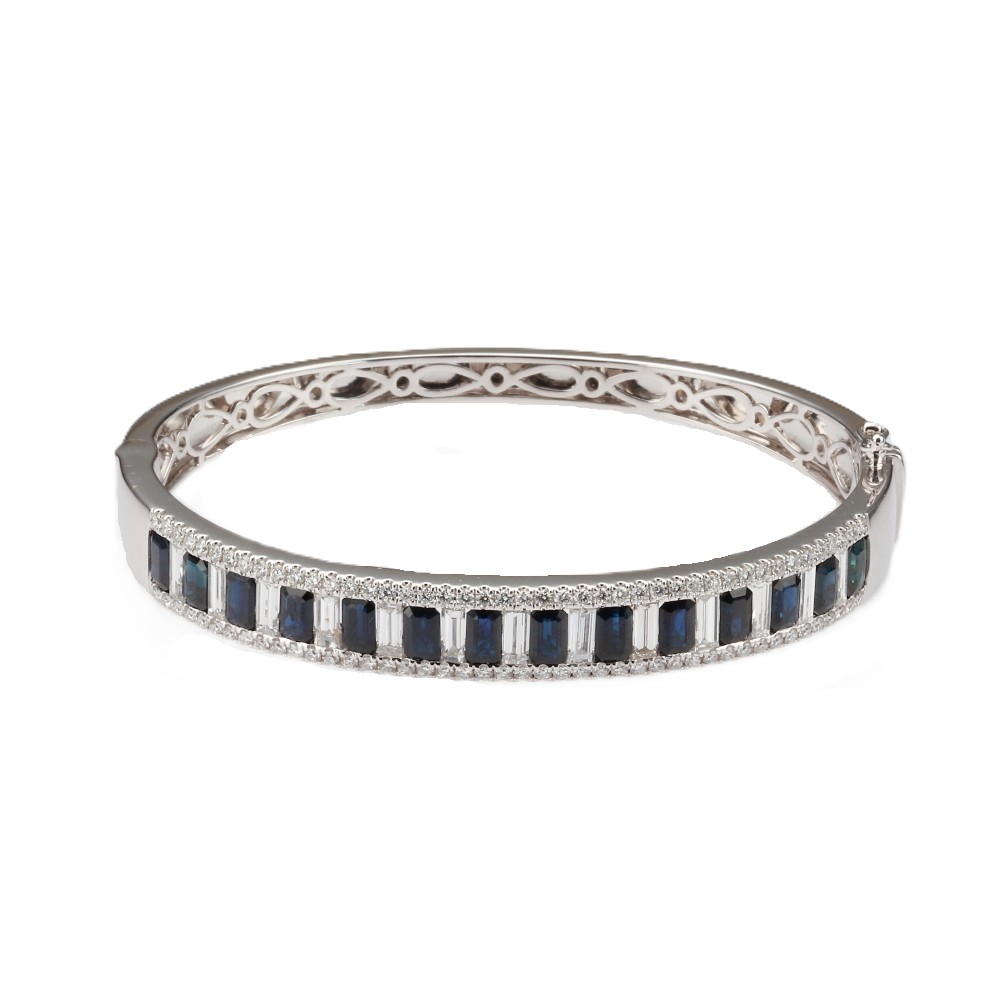 14K White Gold Bangle with 5.50ctw Emerald Cut Blue Sapphires & 4.00ctw Baguette/Round Diamonds Size 6.5 Bracelets