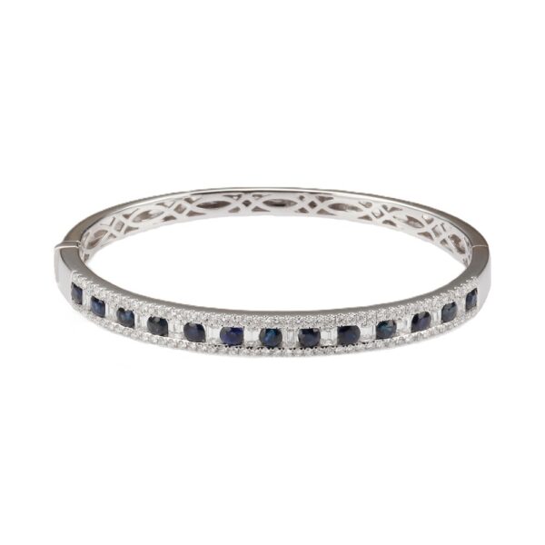 14K White Gold Bangle with 3.00ctw Blue Sapphires & 3.00ctw Baguette/Round Diamonds Size 6.25 Bracelets 3