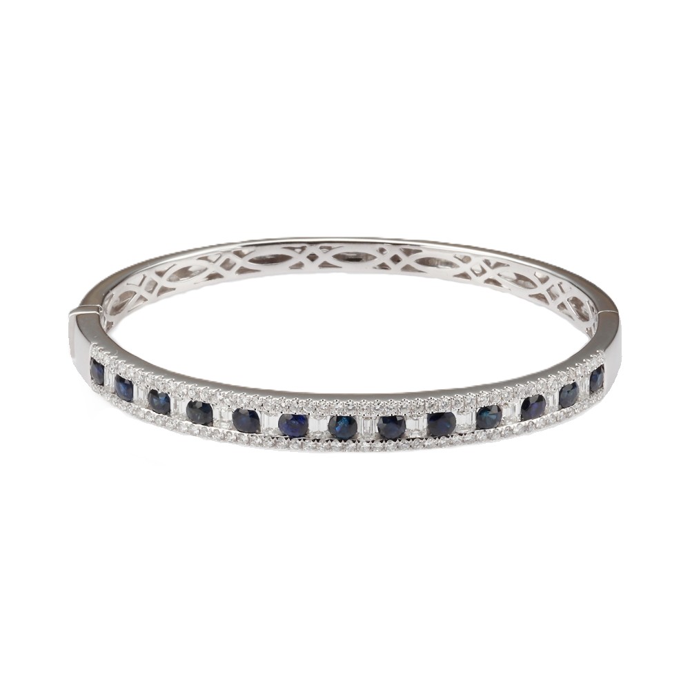 14K White Gold Bangle with 3.00ctw Blue Sapphires & 3.00ctw Baguette/Round Diamonds Size 6.25 Bracelets