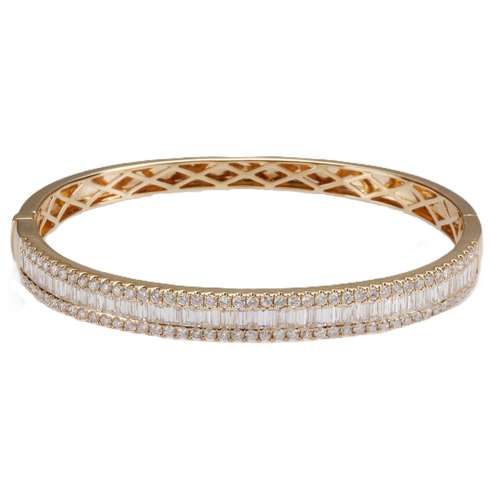 14K Yellow Gold Bangle with 5.00ctw Tapered Baguette & Round Diamonds Size 6.5 Bracelets