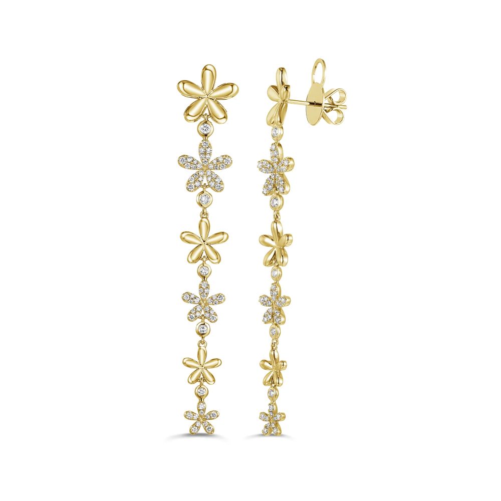 14K Yellow Gold Flower Dangle Earrings with .74ctw Diamonds Earrings