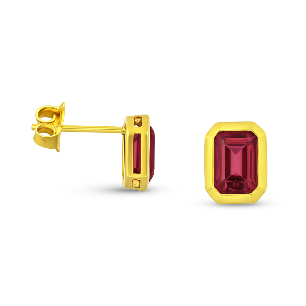 14K Yellow Gold Bezel Studs with 1.40ctw Emerald Cut Rhodolites
