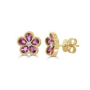 14K Yellow Gold Flower Shape Studs with 1.85ctw Pear Pink Sapphires & .06ctw Diamonds