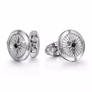Men's Sterling Silver Compass Cufflinks with .11ctw Black Spinel