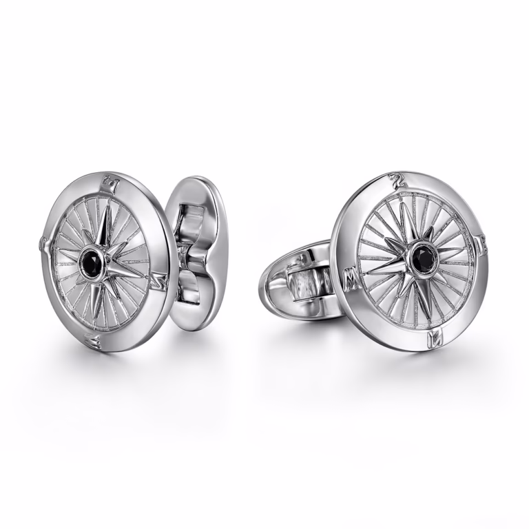 Men’s Sterling Silver Compass Cufflinks with .11ctw Black Spinel Fine Jewelry 3