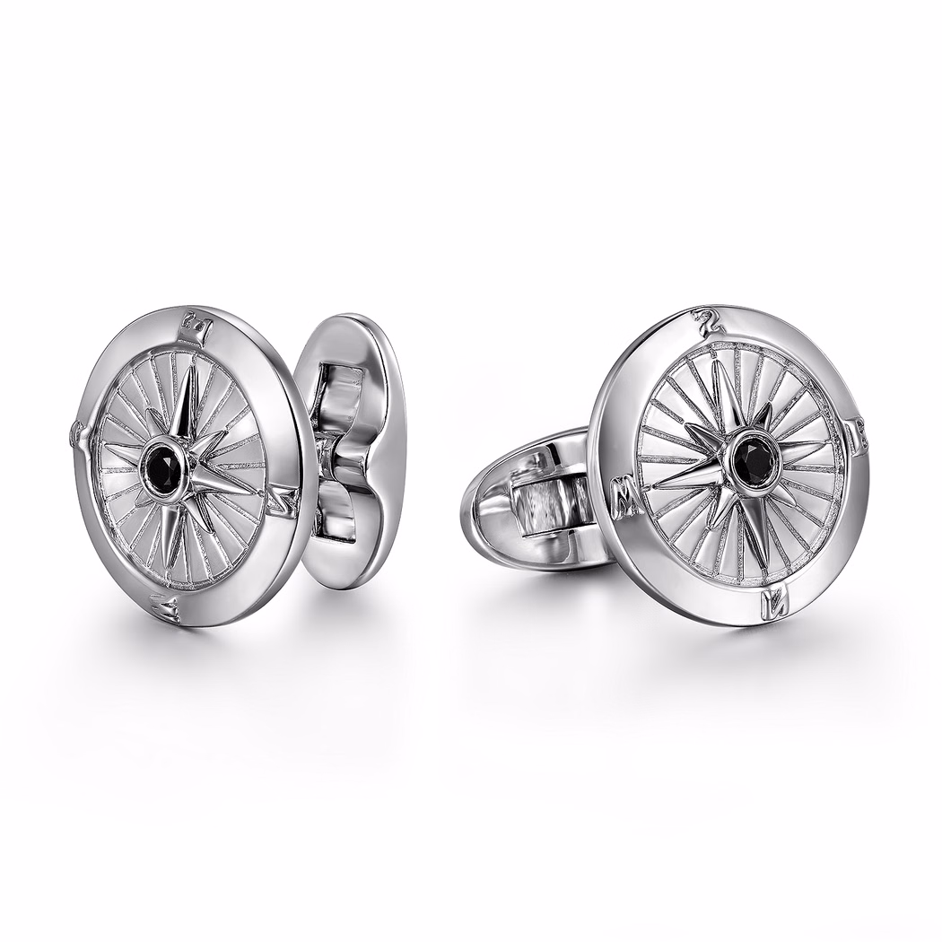 Men’s Sterling Silver Compass Cufflinks with .11ctw Black Spinel Fine Jewelry
