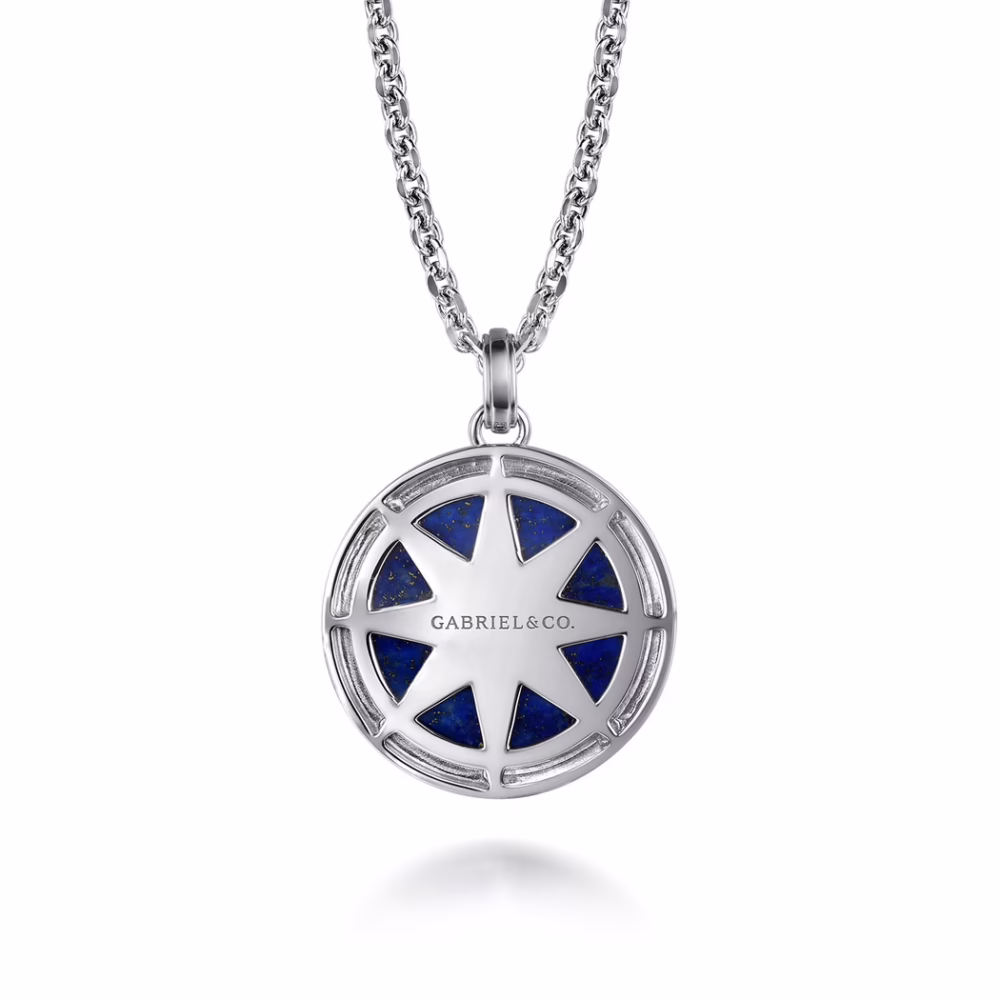 Men’s Sterling Silver Compass Necklace with 6.97ct Blue Lapis & .06ctw Diamonds 22″ Fine Jewelry 12