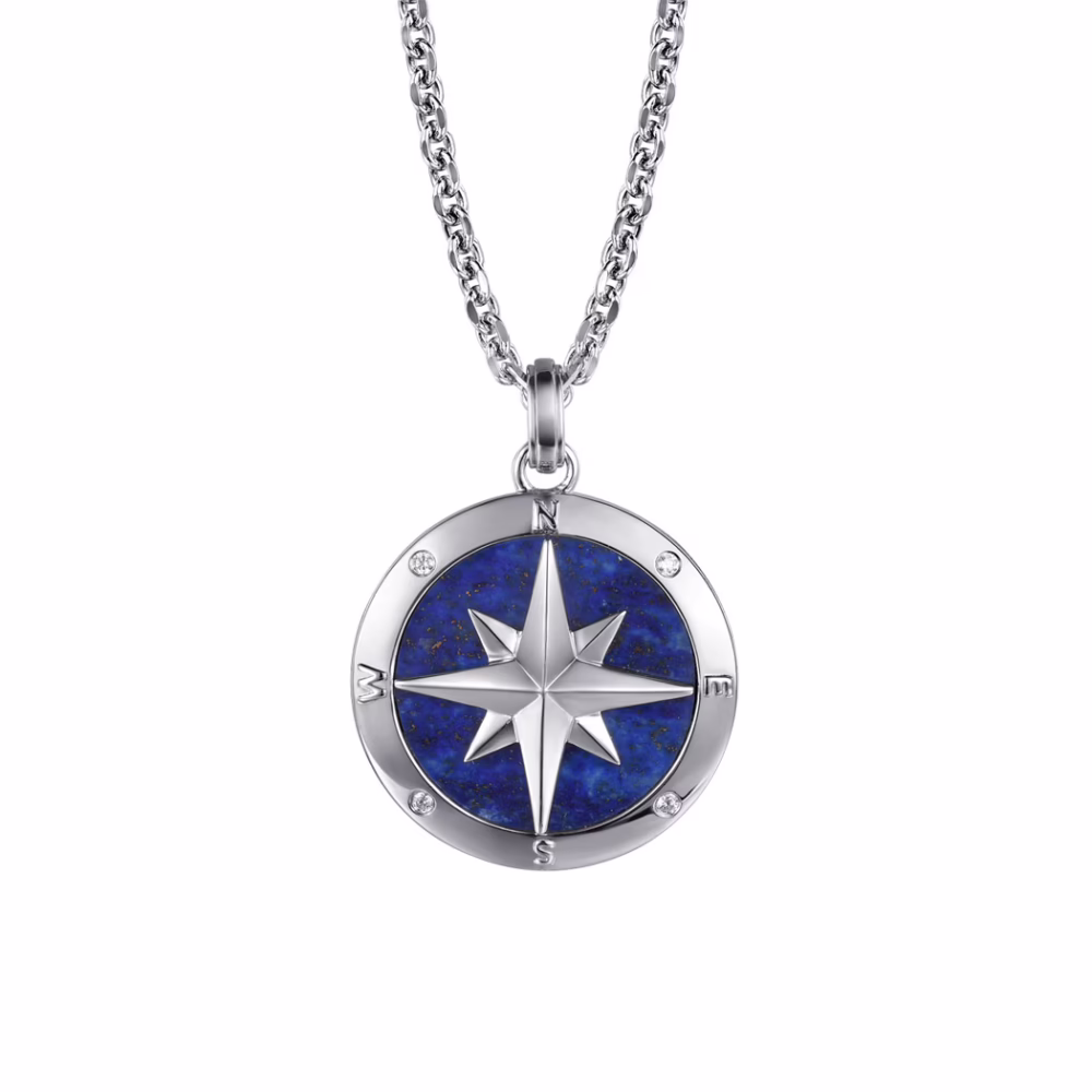 Men’s Sterling Silver Compass Necklace with 6.97ct Blue Lapis & .06ctw Diamonds 22″ Fine Jewelry 9