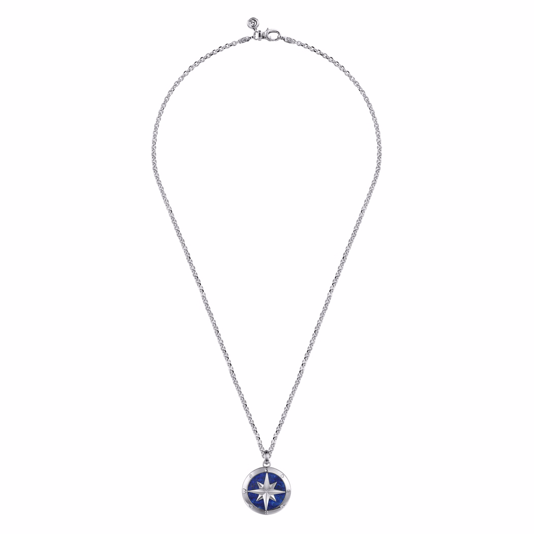 Men’s Sterling Silver Compass Necklace with 6.97ct Blue Lapis & .06ctw Diamonds 22″ Fine Jewelry 3