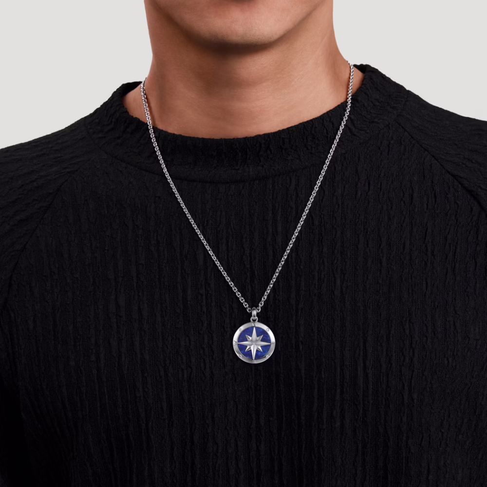 Men’s Sterling Silver Compass Necklace with 6.97ct Blue Lapis & .06ctw Diamonds 22″ Fine Jewelry 10
