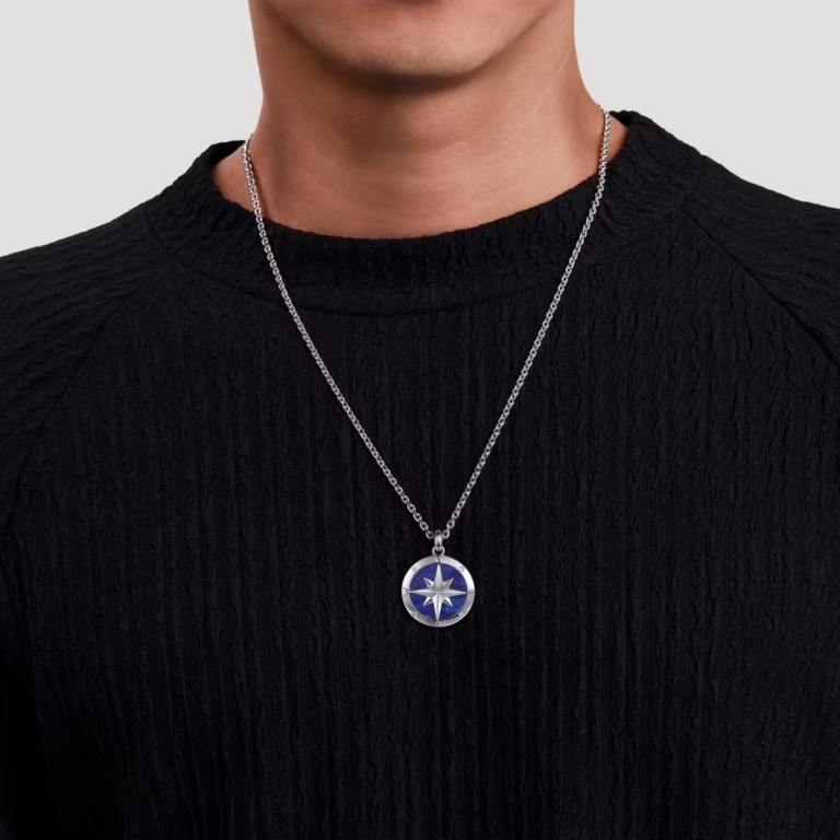Men’s Sterling Silver Compass Necklace with 6.97ct Blue Lapis & .06ctw Diamonds 22″ Fine Jewelry 6