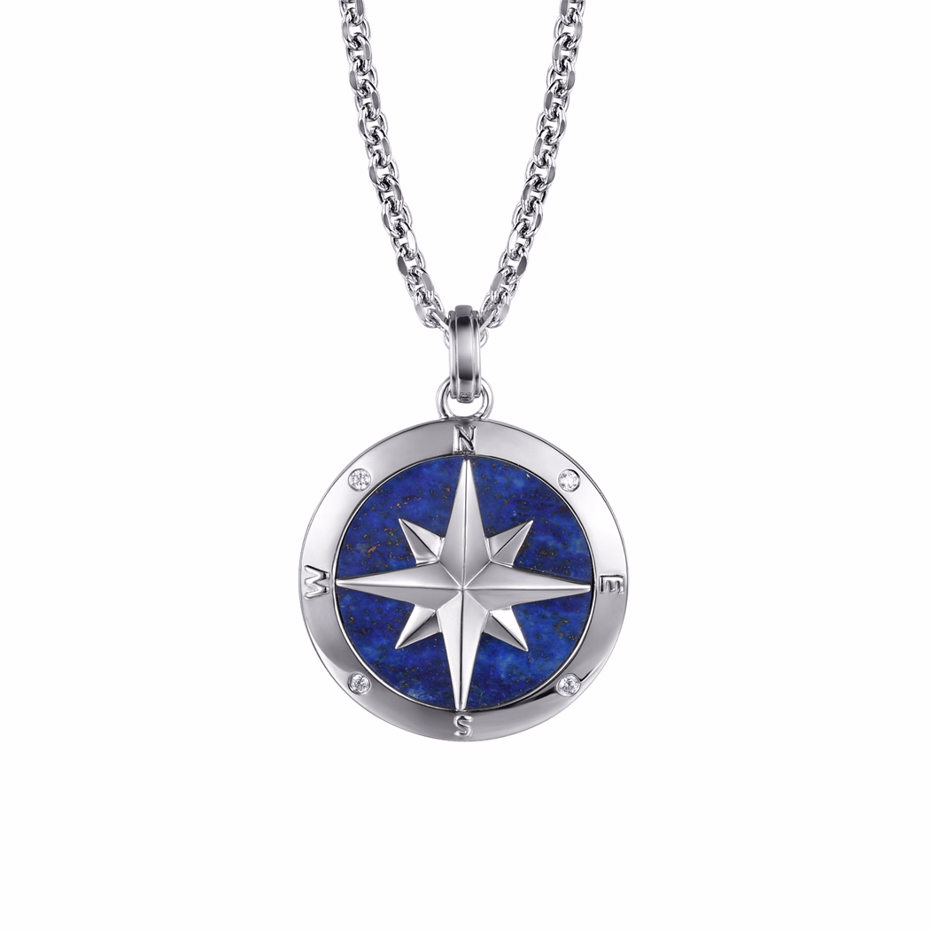 Men’s Sterling Silver Compass Necklace with 6.97ct Blue Lapis & .06ctw Diamonds 22″ Fine Jewelry