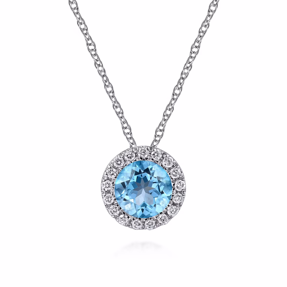 14K White Gold December Birthstone Pendant with .51ct Blue Topaz & .06ctw Diamond Halo 18″ Fine Jewelry 7