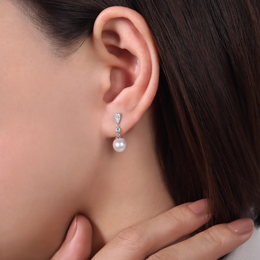 14K White Gold Pearl Drop Earrings with .07ctw Diamonds Earrings 6