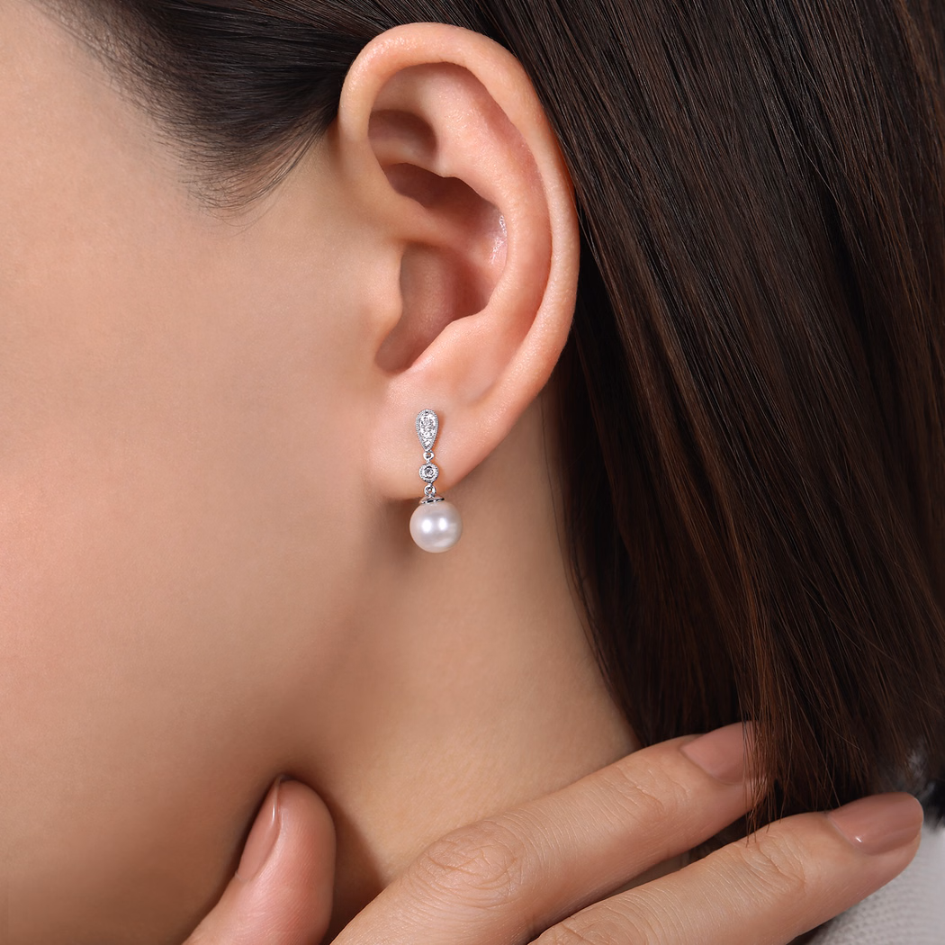 14K White Gold Pearl Drop Earrings with .07ctw Diamonds Earrings 3
