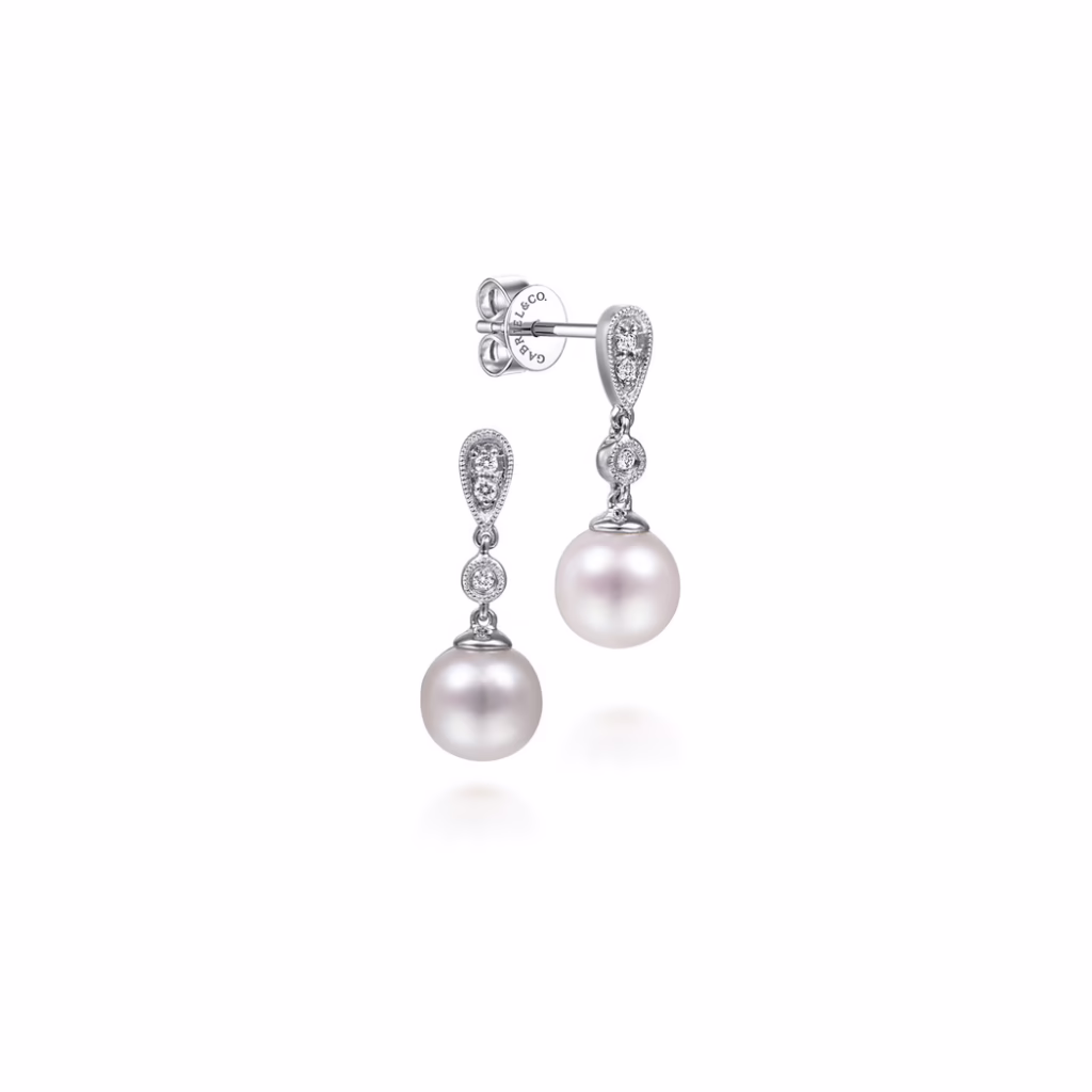 14K White Gold Pearl Drop Earrings with .07ctw Diamonds Earrings 4