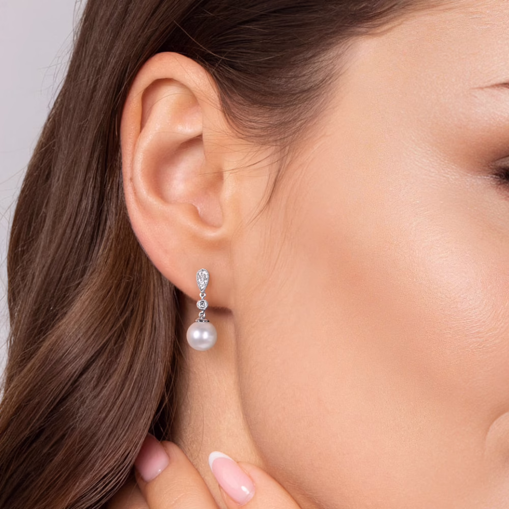 14K White Gold Pearl Drop Earrings with .07ctw Diamonds Earrings 8
